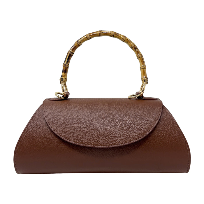 Borsa a Mano Elegante da Donna con Manico in Bambu in Pelle Martellata