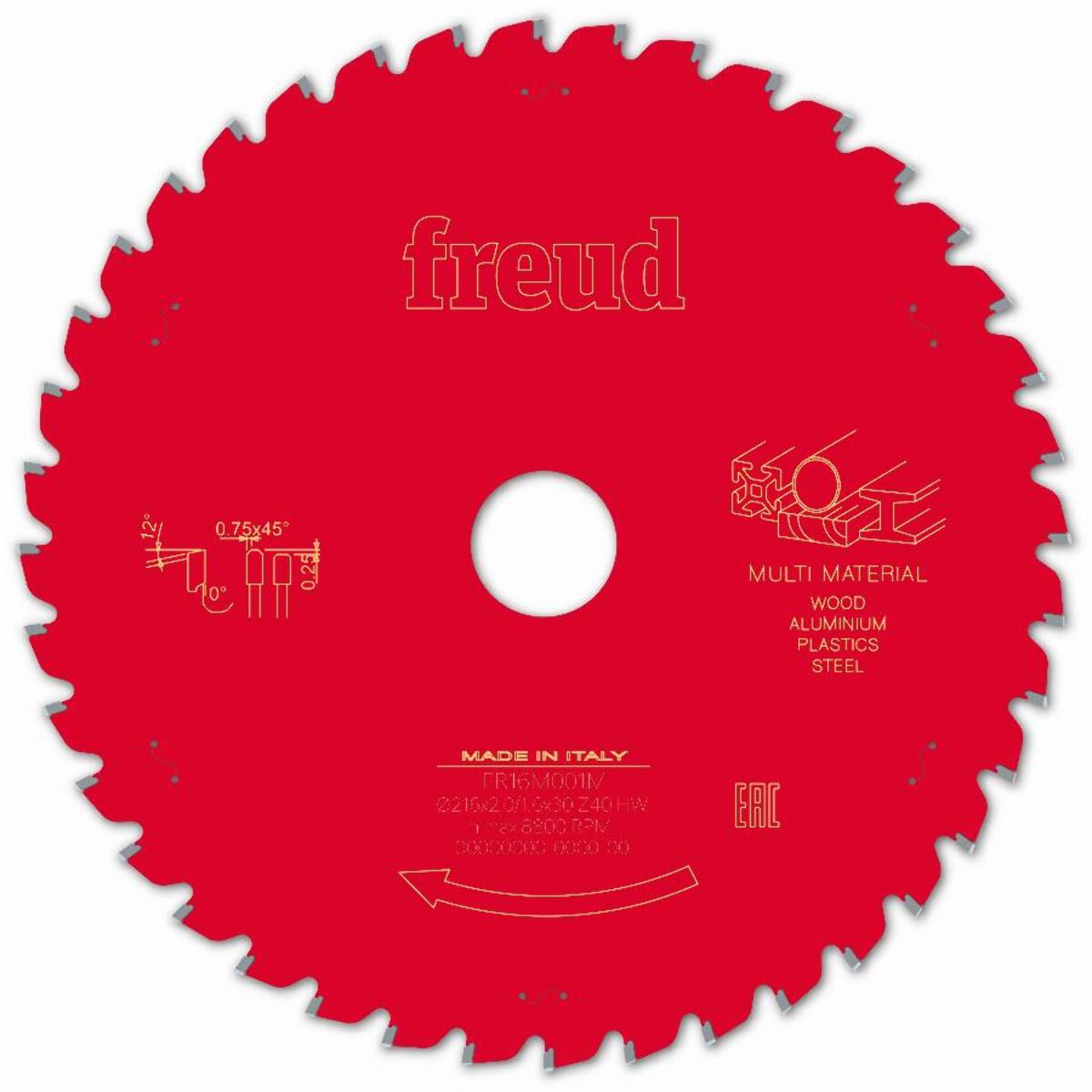 Lame pour scie circulaire portative FREUD - Ø216 2/1,6 AL30 Z40 TPB 0° - F03FS09887 -FR16M001M