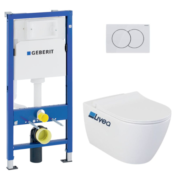 Pack WC Bati-support Geberit UP100 + WC sans bride Livea Bello + Abattant softclose + Plaque Blanc alpin ( Livea BelloGeb1)