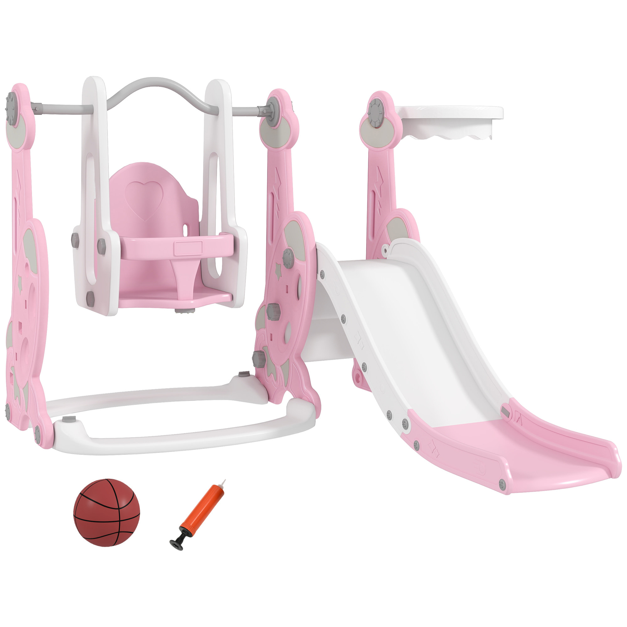 Tobogán Infantil 4 en 1 Parque Infantil con Columpio y Tobogán Escalador Aro de Baloncesto Temática de Cohete para Interior Rosa y Blanco