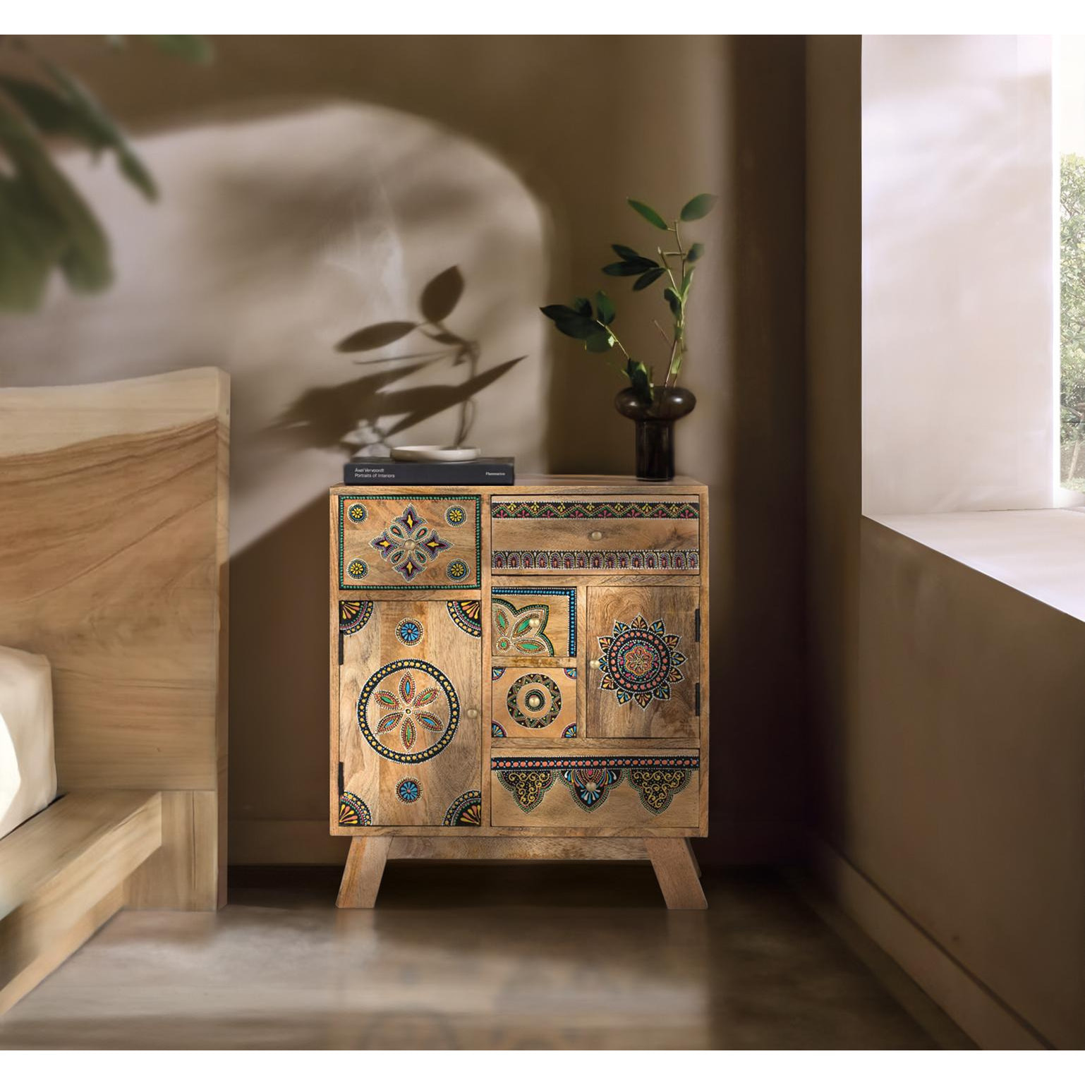 Muebles Auxiliare de Madera de Mango, Mdf 61 Cm Estilo Boho Ethnic