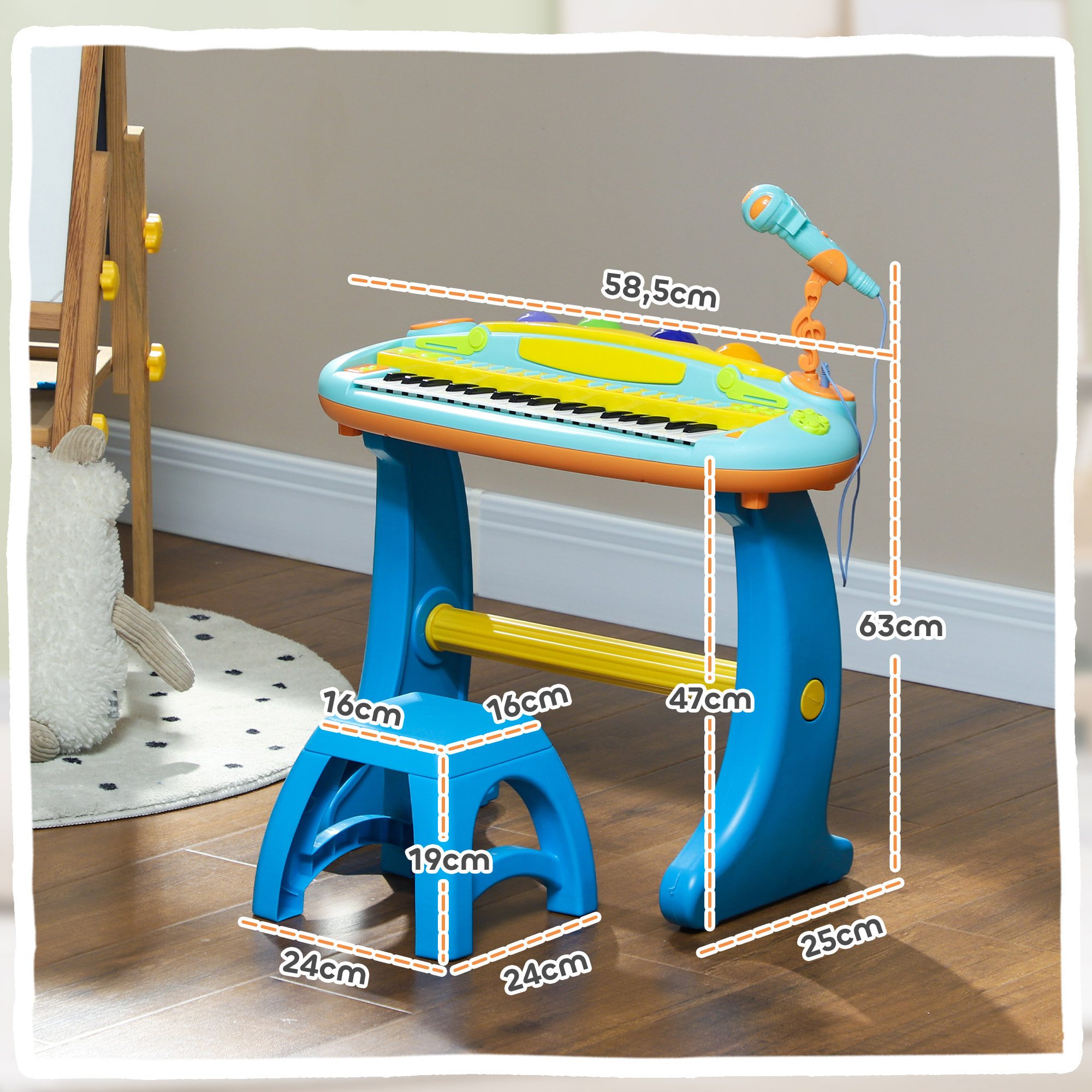 Clavier musical pour enfant - piano enfant avec tabouret et micro - 37 touches, 22 chansons, 8 instruments et rythmes - jaune bleu