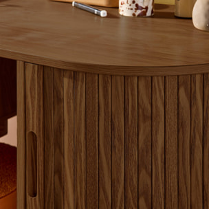 Bureau ovale décor bois rainuré avec deux espaces de rangement. L 120 x P 55 x H 77 cm