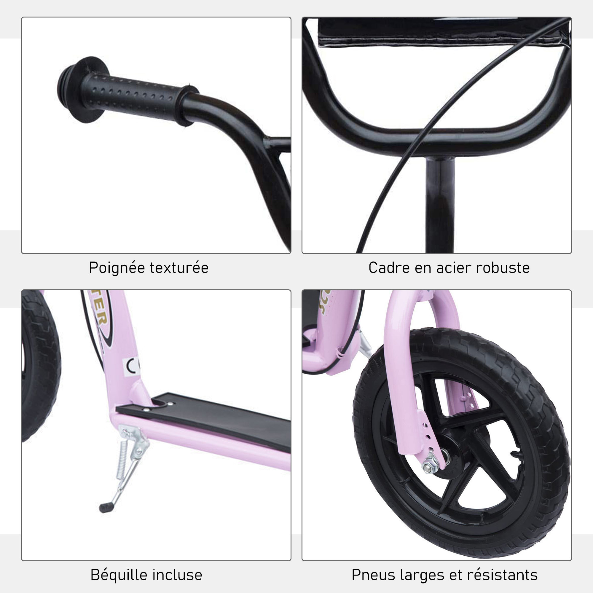 Trottinette patinette pneus 30 cm hauteur guidon réglable poignée frein et béquille acier rose
