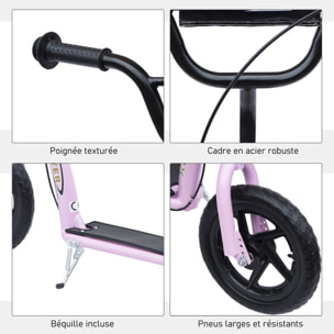Trottinette patinette pneus 30 cm hauteur guidon réglable poignée frein et béquille acier rose