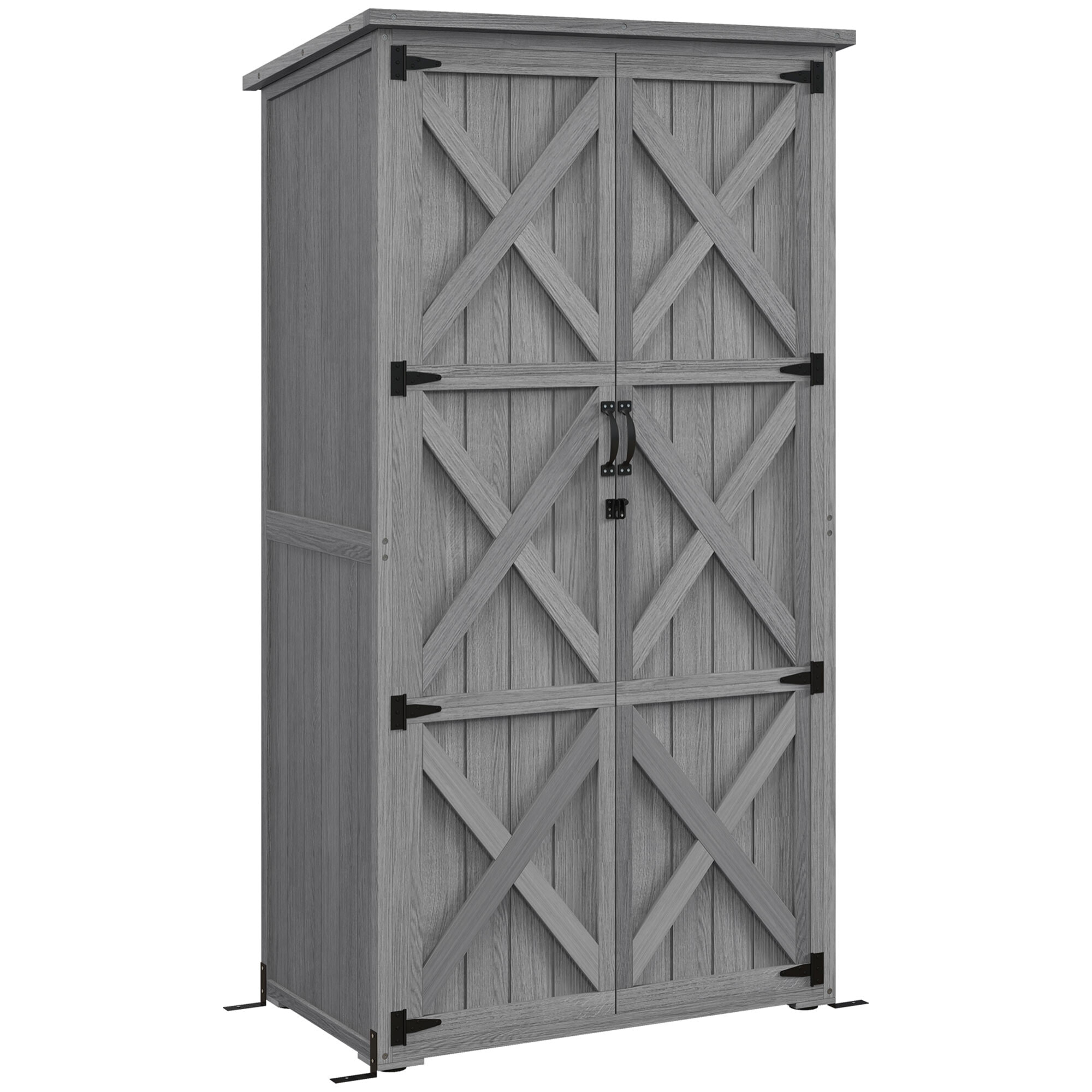 Armoire de jardin abri de jardin 2 portes croisillons 2 étagères toit bitumé bois sapin gris