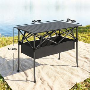 Mesa Plegable Camping, 93x55x68 cm, Mesa Plegable Portátil con Red de Almacenamiento, Encimera Enrollable de Aluminio, Marco Metálico, Bolsa de Transporte, para Acampar, Senderismo, Negro