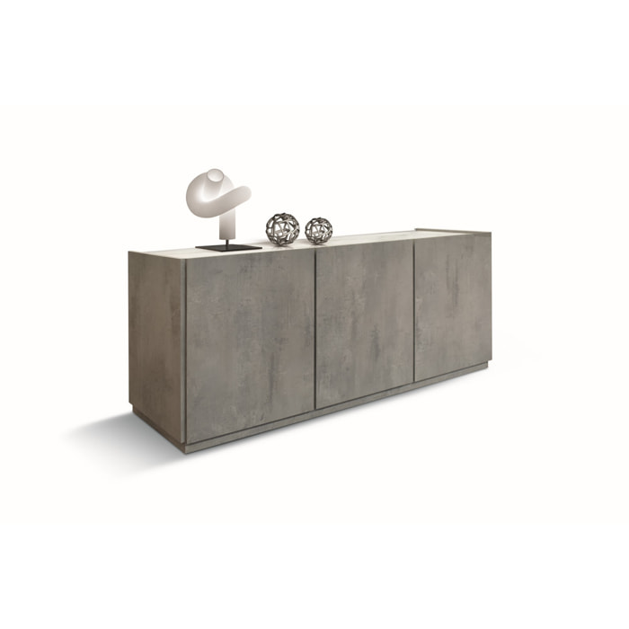 Credenza FAVIGNANA in legno, finitura in grigio cemento, piano effetto marmo statuario, 200x50 cm