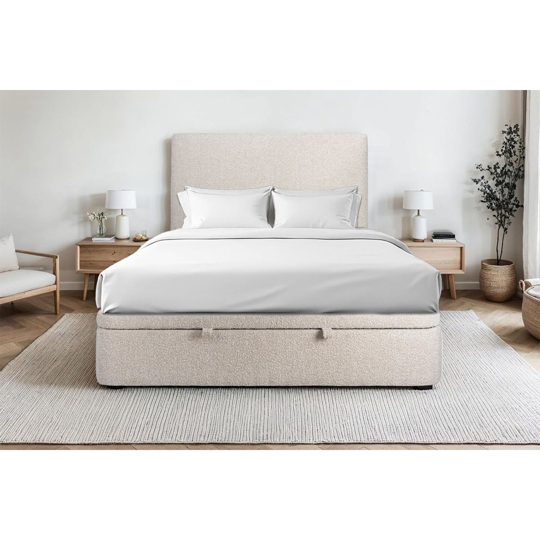 Lit avec sommier et tête de lit lisse - Tissu bouclette au style épuré - Adapté à tous les matelas, montage rapide - Grand Rangement