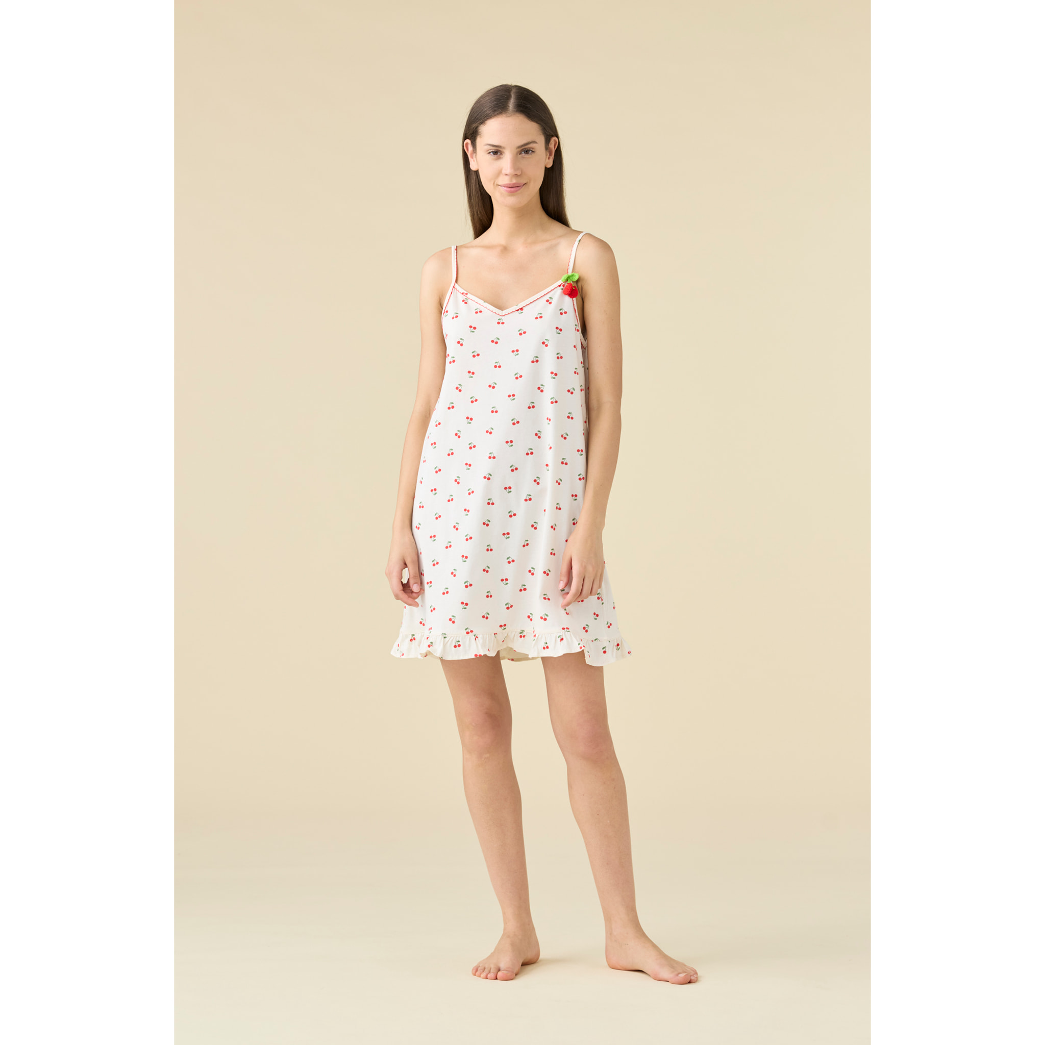 Camicia da notte donna in cotone con bretelline e scollo a V, decorata con stampa ciliegie articolo summer and fruits Noidinotte