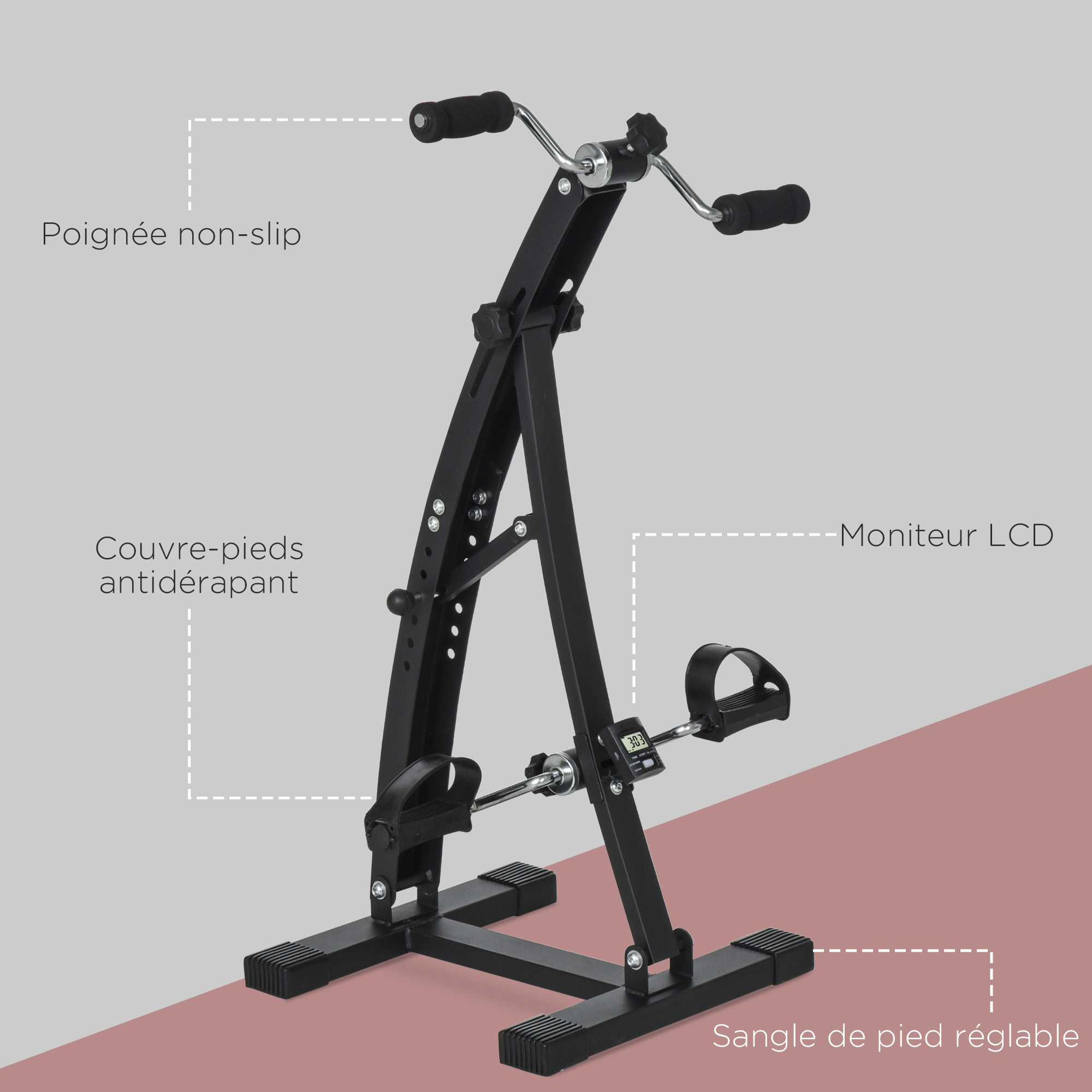 Vélo d'appartement pédalier rééducation bras jambes écran LCD multifonctions hauteur guidon réglable 40L x 42,5l x 100H cm acier noir