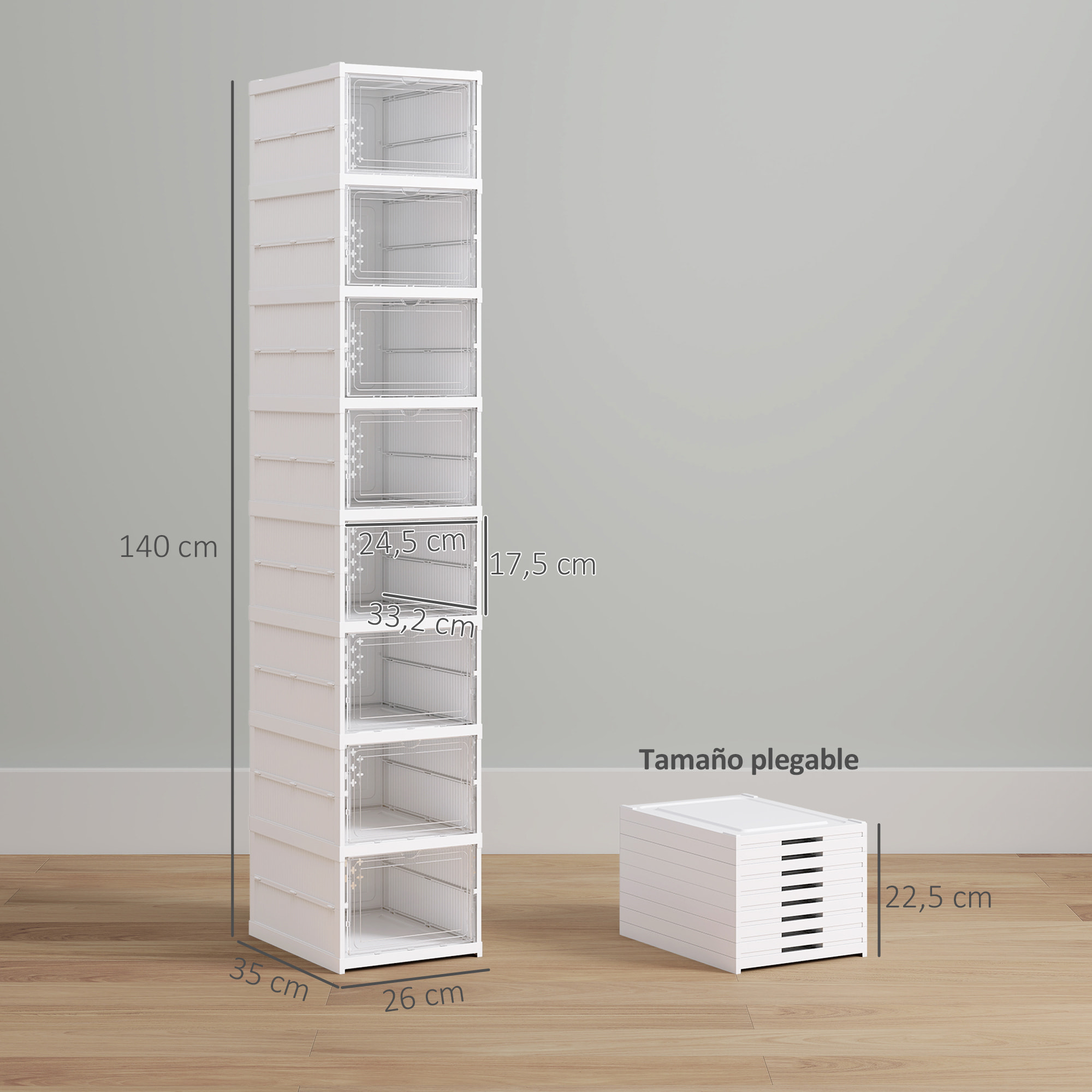 Cajas para Zapatos Apilables, Juego de 8 Organizadores para Zapatos Portátil, Zapatero Plegable con Puertas Transparentes, hasta Talla 43, No Requiere Montaje, Blanco