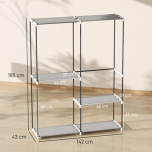 Armario de Ropa, Perchero, 142x43x185 cm, Armario Abierto con 4 Estantes de Tela, 3 Barras para Colgar, Marco de Metal, para Dormitorio, Salón, Vestidor, Gris Claro