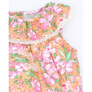 Pelele volante ocre con flor rosa