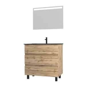 Meuble salle de bains 80cm décor chene naturel 3 tiroirs - Vasque noire et Miroir Led - TIMBER