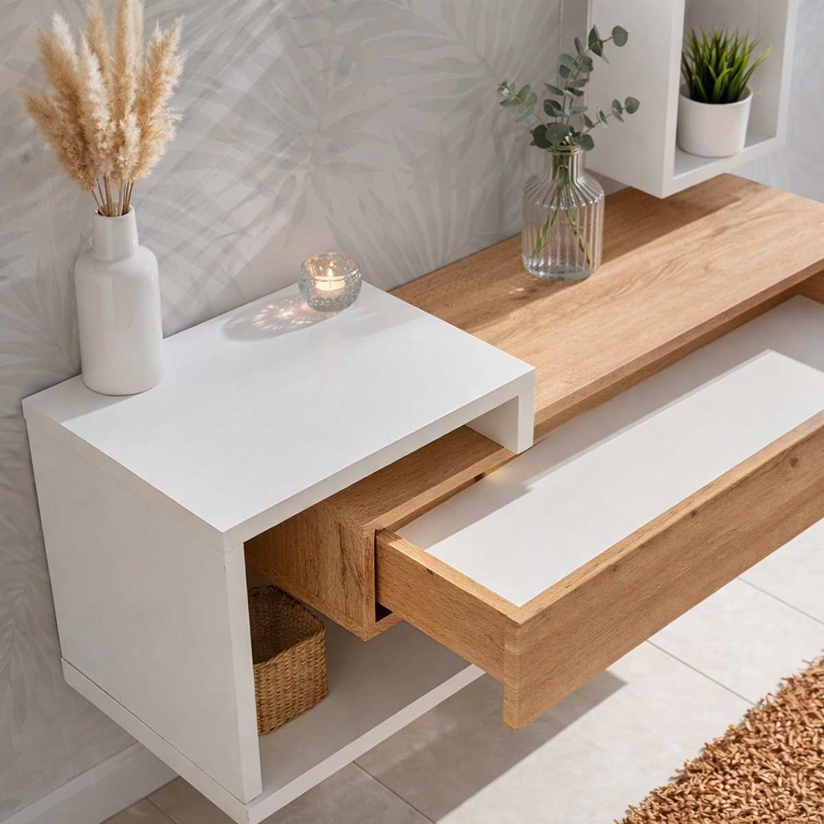 Set Ingresso Moderno Con Specchi Pensile A Giorno Mensola Con Cassetto Salvaspazio Mobile Da Parete 100 x 160 x 30 Cm Bianco E Rovere