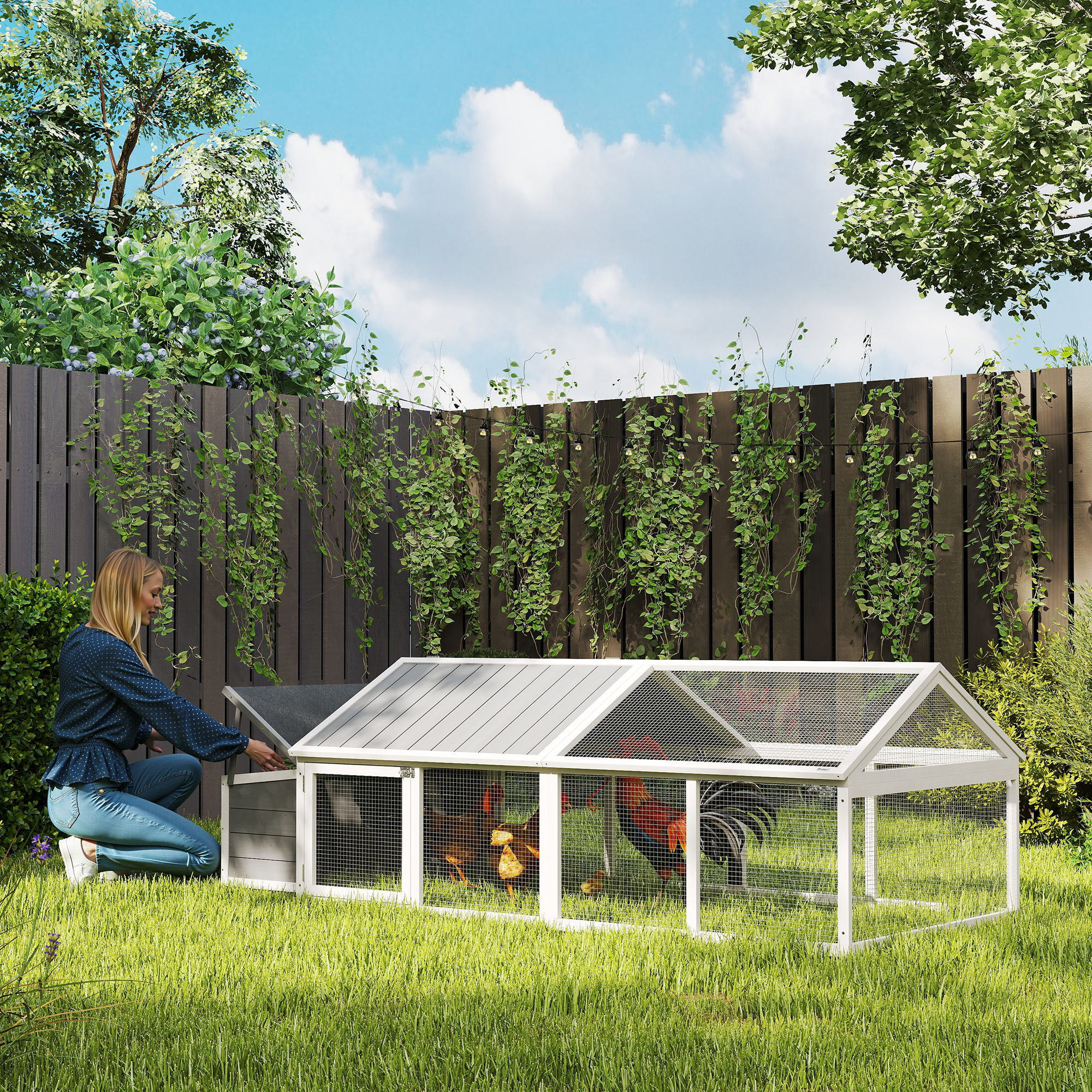 Gallinero para Exterior 240x112,5x76 cm Gallinero de Madera con Techo Abatible Corral Puertas con Cerradura y Nido para Gallinas Conejos Patos Blanco y Gris