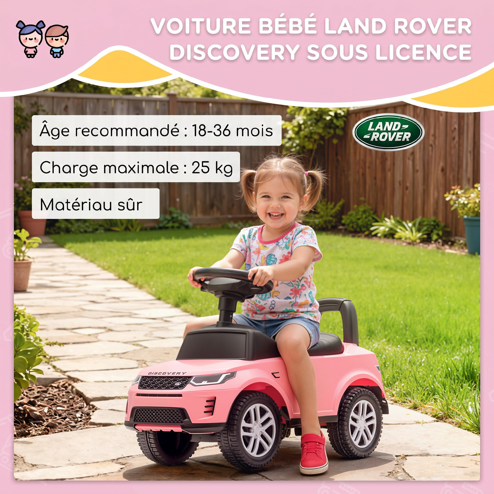 Porteur enfant voiture licence Land Rover Discovery Sport effets sonores rose