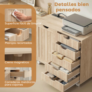 Mueble para Impresora con Estación de Carga y Ruedas, Soporte para Impresora con 5 Cajones, Puertos USB, Estante Ajustable para Oficina en Casa, Natural