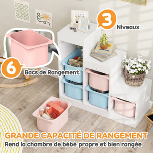 Rangement enfant - combinaison structure + bacs - coffre à jouet dim. 96L x 38l x 90H cm - blanc bleu rose pâle
