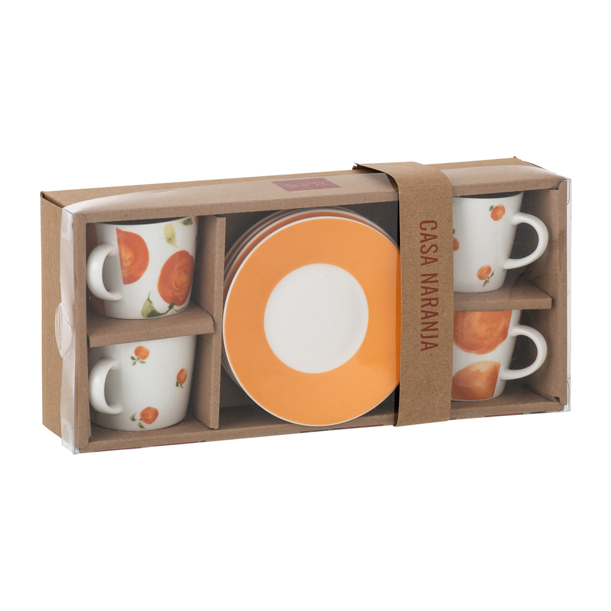 J-Line Tasse + Sous-tasse Orange - céramique - blanc/orange- small - set de 4