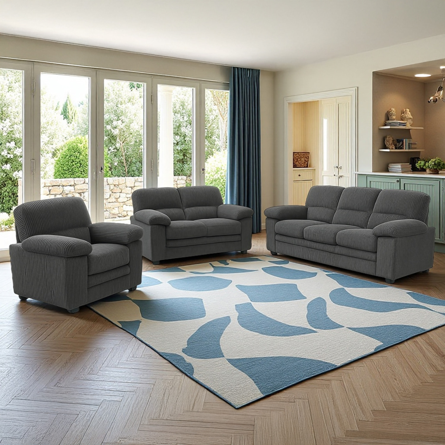 MATHEW Ensemble canapé 3 places + 2 places + fauteuil en velours côtelé gris foncé