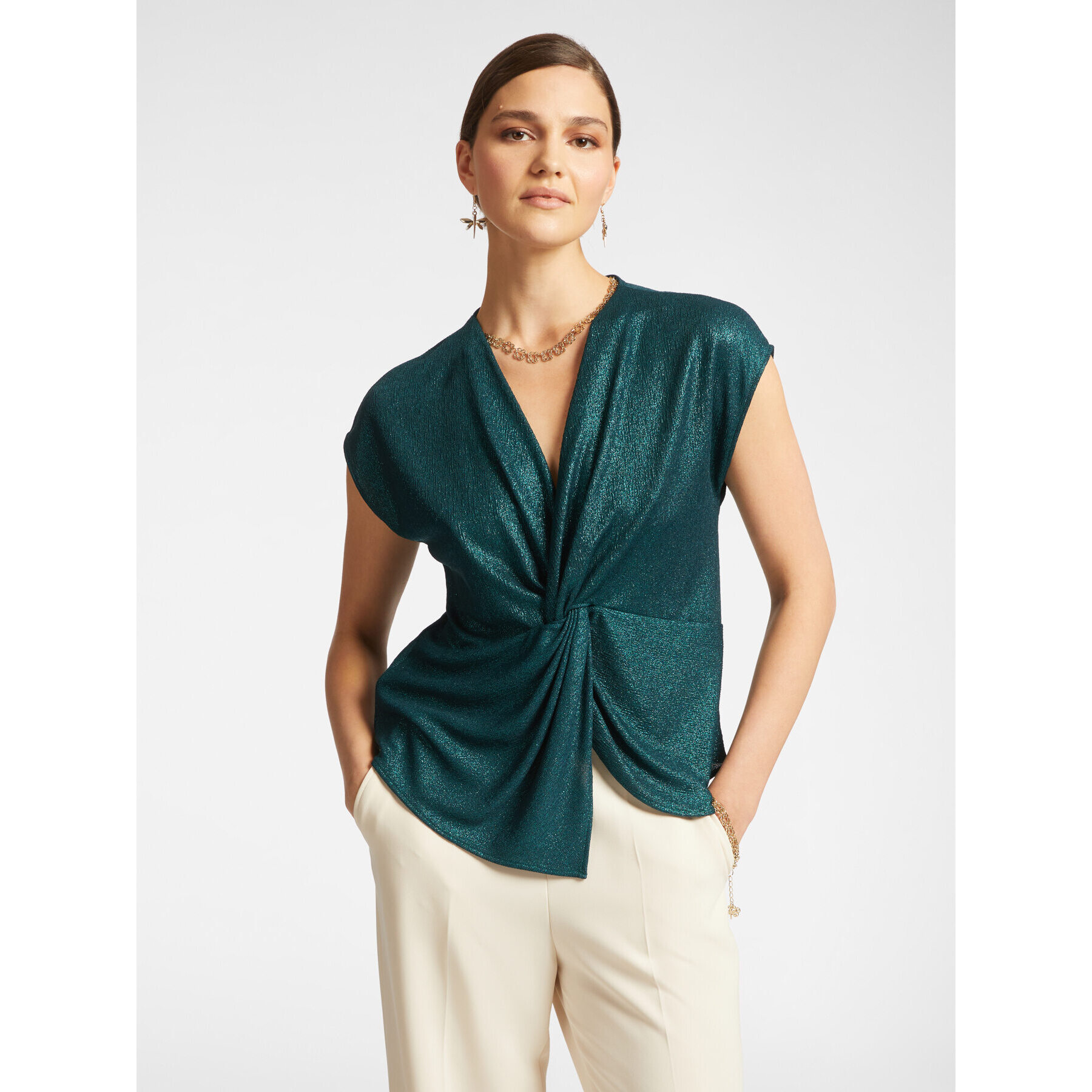 Elena Mirò - Camiseta de lurex con nudo delantero - Verde