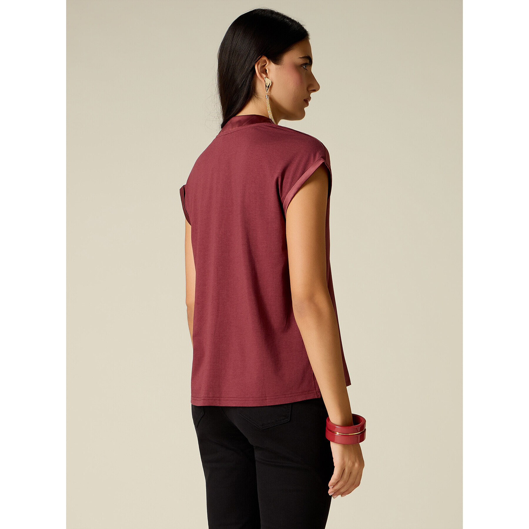 Oltre - T-shirt bimaterica scollo a V - Bordeaux