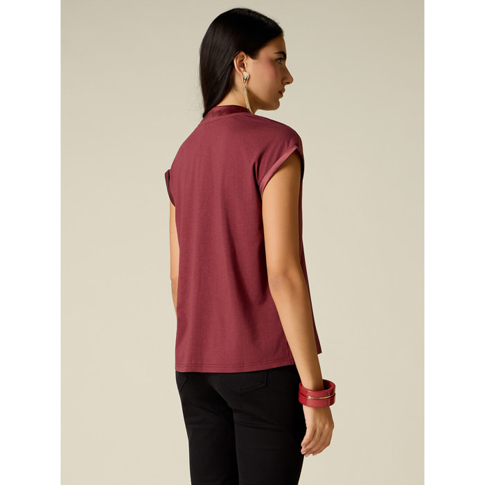 Oltre - T-shirt bimaterica scollo a V - Bordeaux