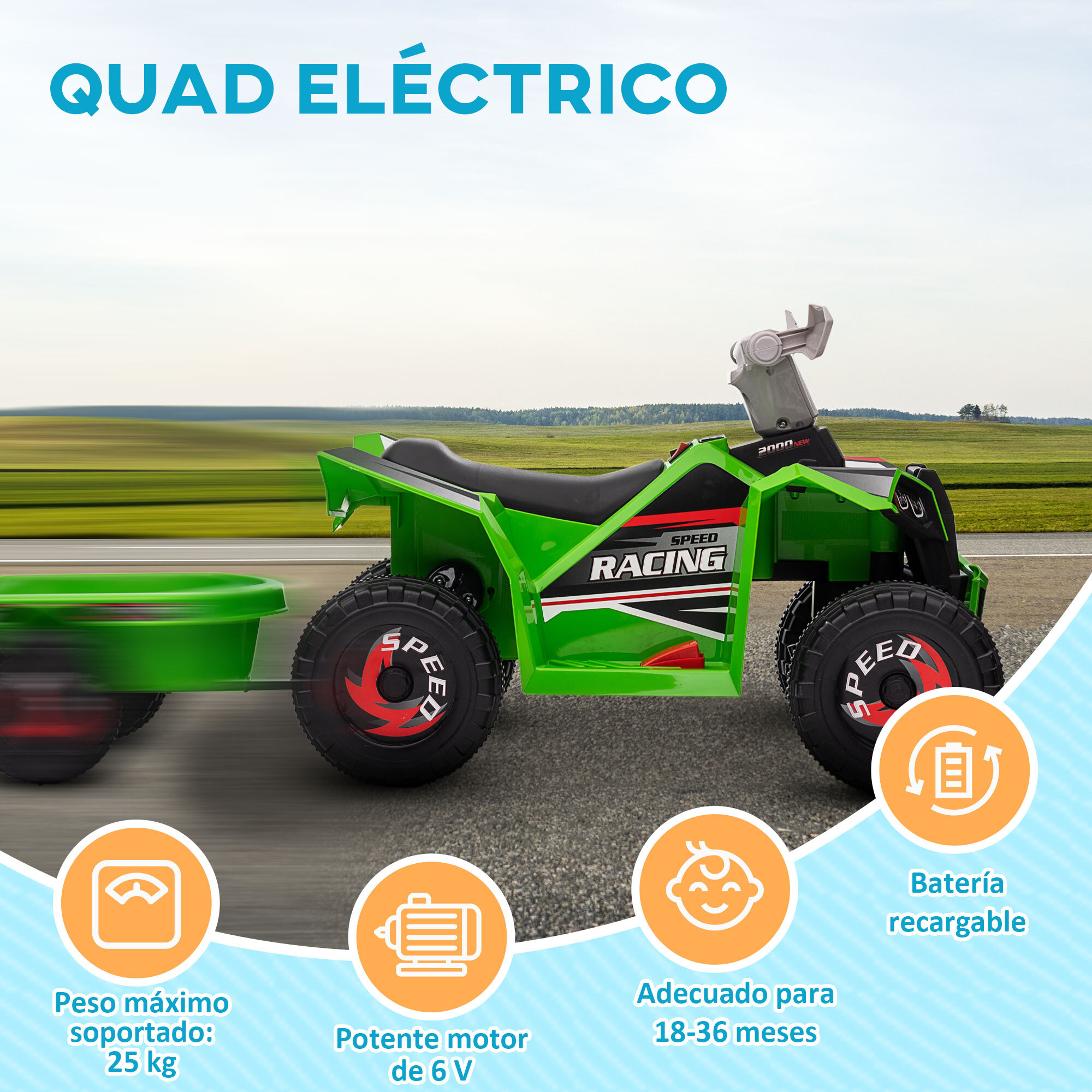 Quad Eléctrico para Niños con Remolque a Batería 6V Coche Eléctrico Cuatrimoto para Niños de 18-36 Meses con Velocidad 2,5 km/h Carga 25 kg 106x41,5x48,5 cm Verde