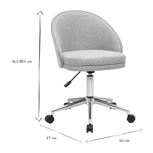 Chaise de bureau à roulettes en tissu effet velours texturé gris, bois clair et métal chromé TUCSON