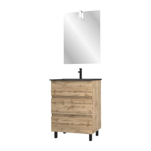 Meuble salle de bain 60x80 - Finition chene naturel + vasque noire + miroir Led - TIMBER 60 - Pack39