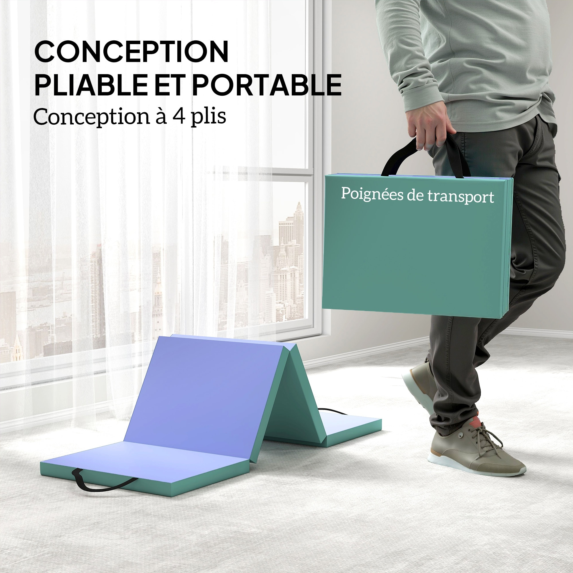 Tapis de gymnastique pliable portable, tapis de sport épais en 4 parties avec poignées de transport, pour yoga, fitness, étirement, 180 x 60 x 5 cm, vert et violet