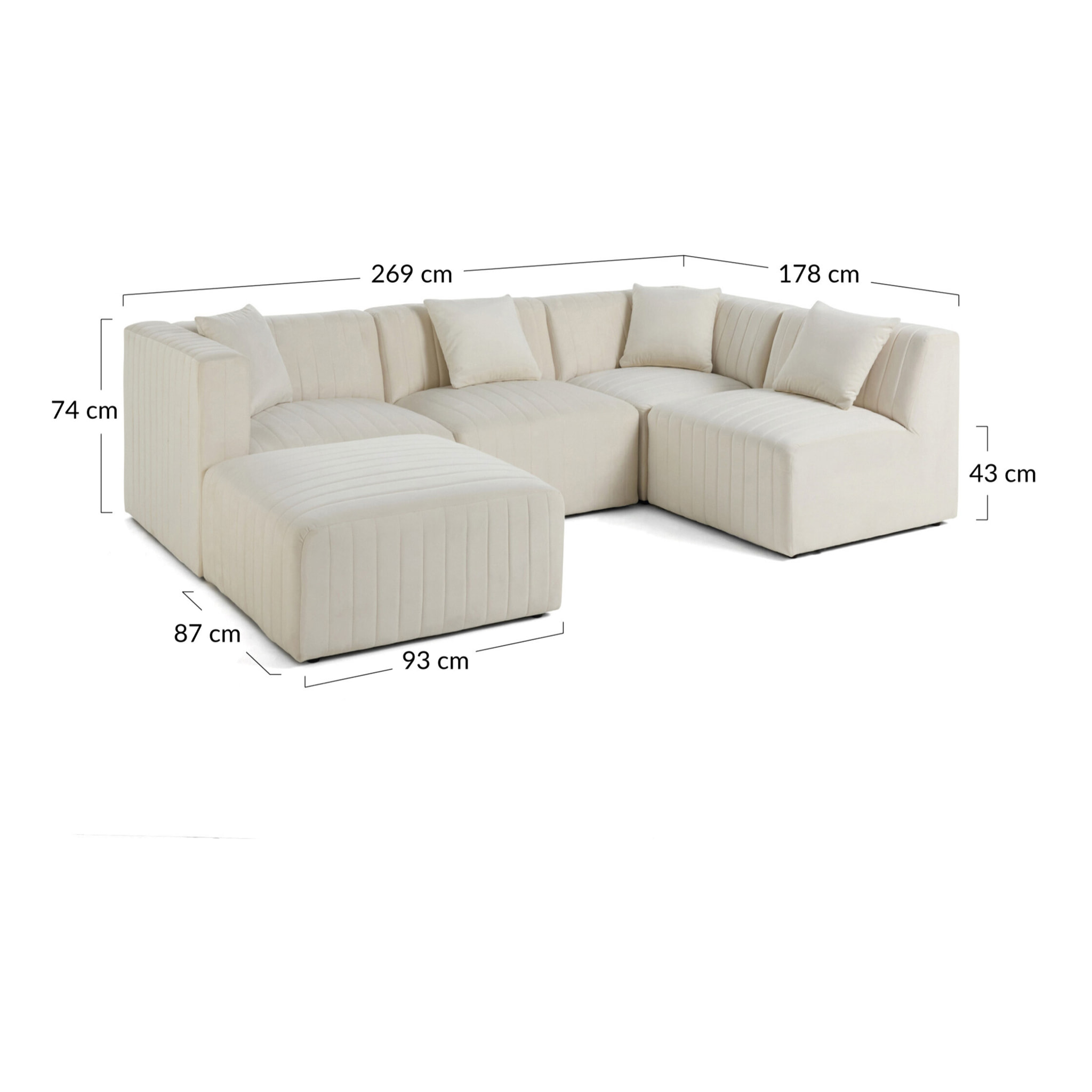 Nova - canapé modulable d'angle droit - 5 places - avec pouf d'appoint - en velours - Bleu