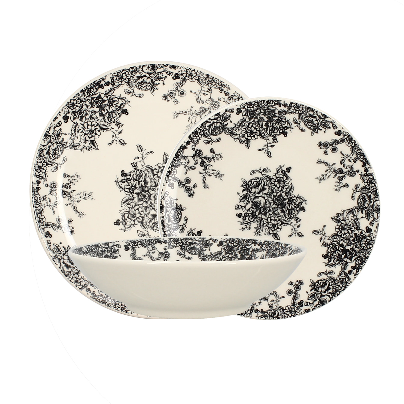 Lot de 6 assiettes creuses porcelaine blanc et noir 20,5cm FLORALI