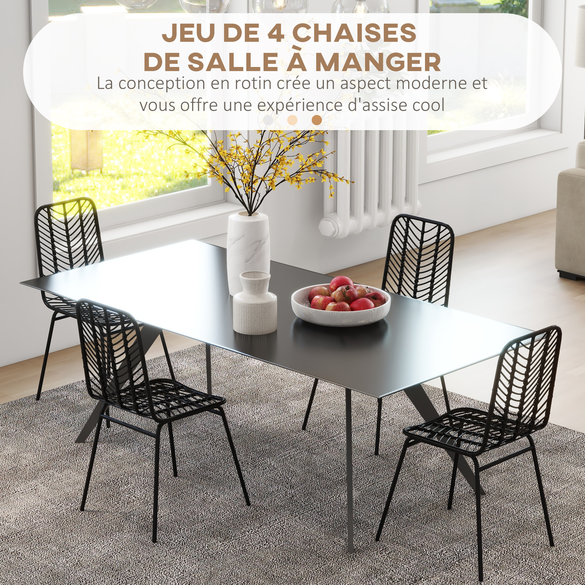 Lot de 4 chaises de salon style colonial piètement acier résine tressée aspect rotin noir