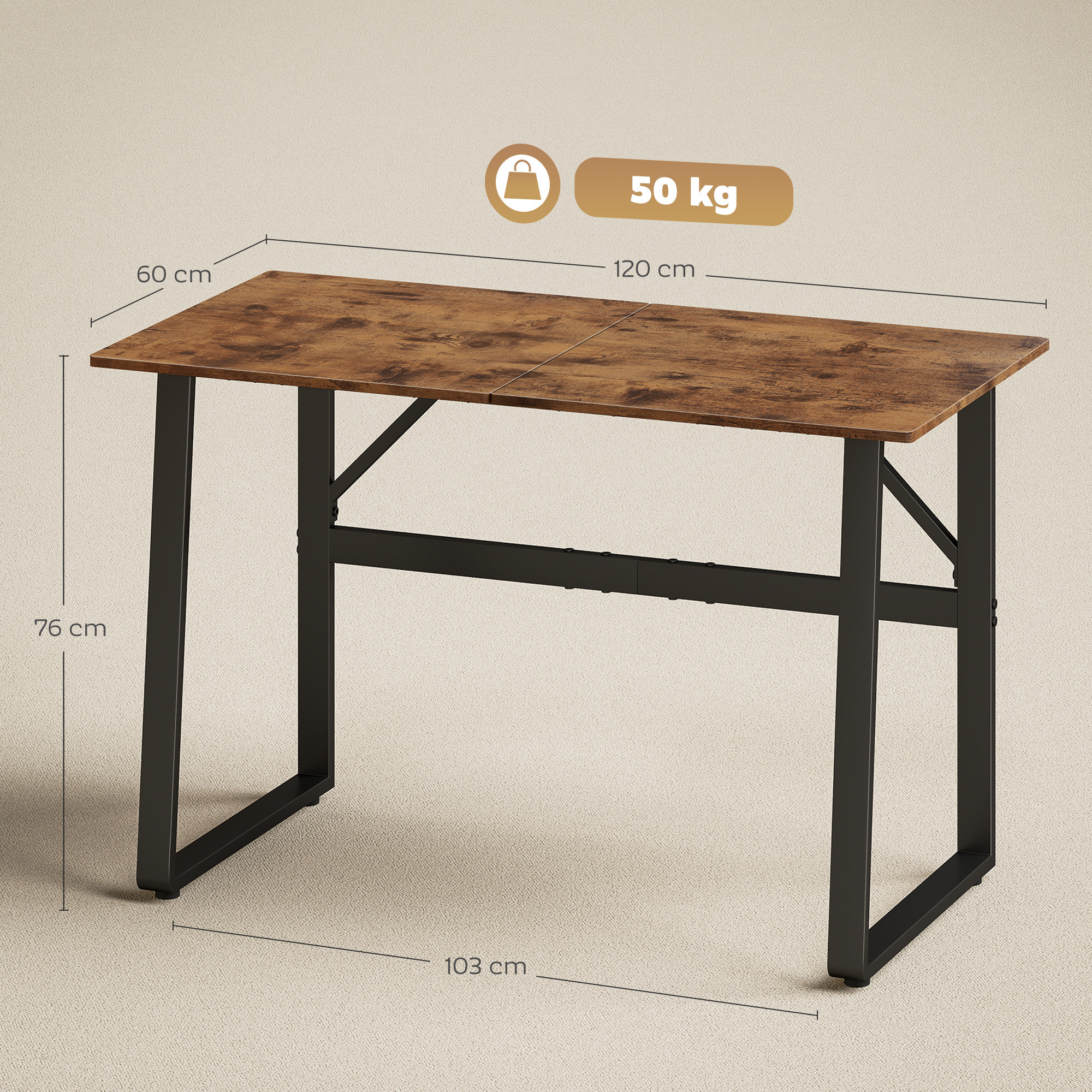Escritorio Estilo Industrial, 120x60x76 cm, Mesa de Escritorio, Mesa de Ordenador con Marco de Acero, Fácil de Montar, para Casa, Oficina, Dormitorio, Estudio, Marrón Rústico