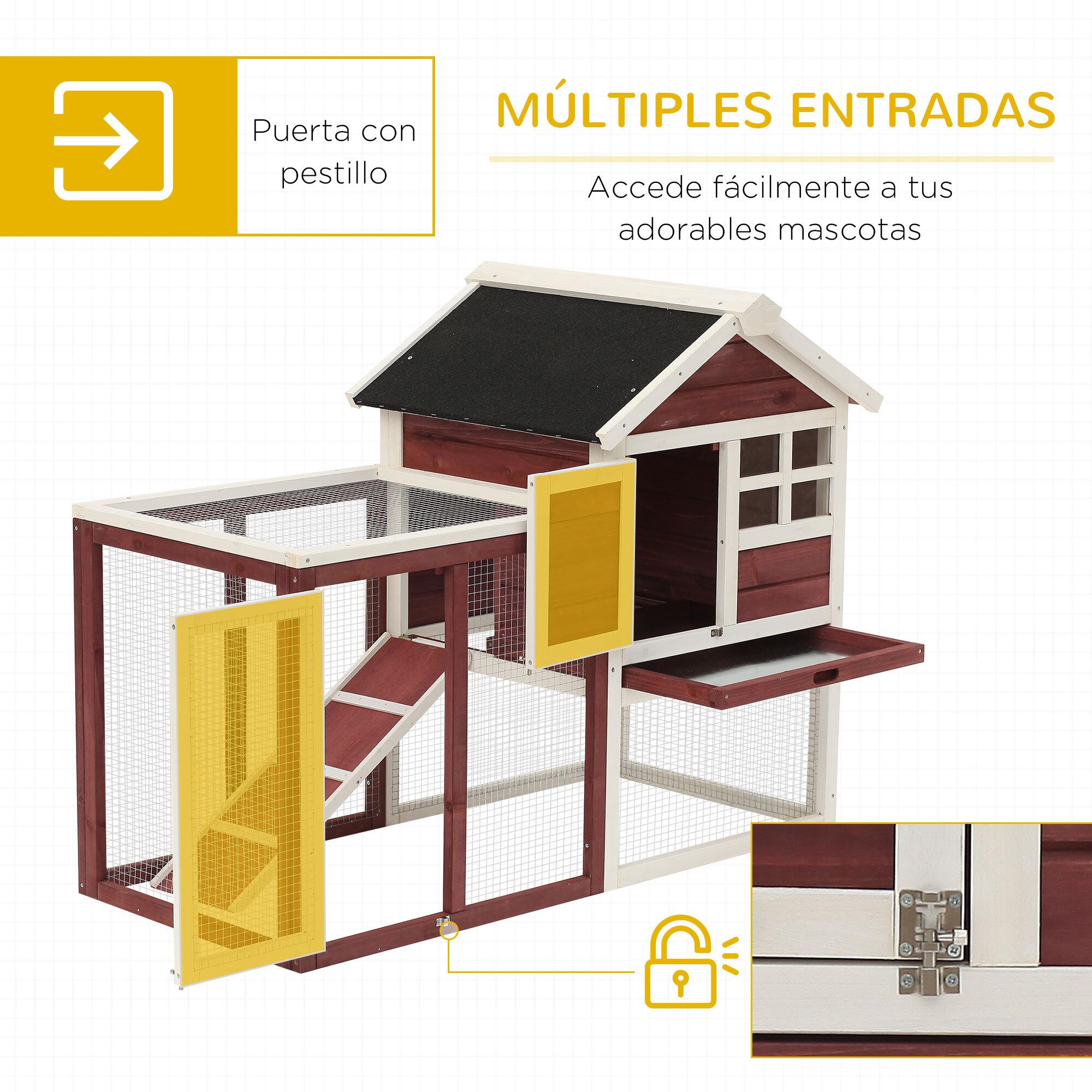 Conejera de Madera Exterior de 2 Niveles Jaula para Conejos Mascotas Pequeñas con Zona Abierta Techo Asfáltico Bandeja Extraíble y Rampa 122x62,6x92 cm Madera Rojiza