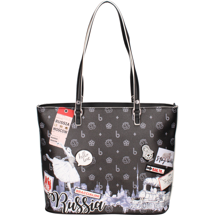 Borsa shopping con chiusura zip. Misura media. Realizzate in buccia d’arancia con uno sfondo monocolore. 45,5x33x17 cm