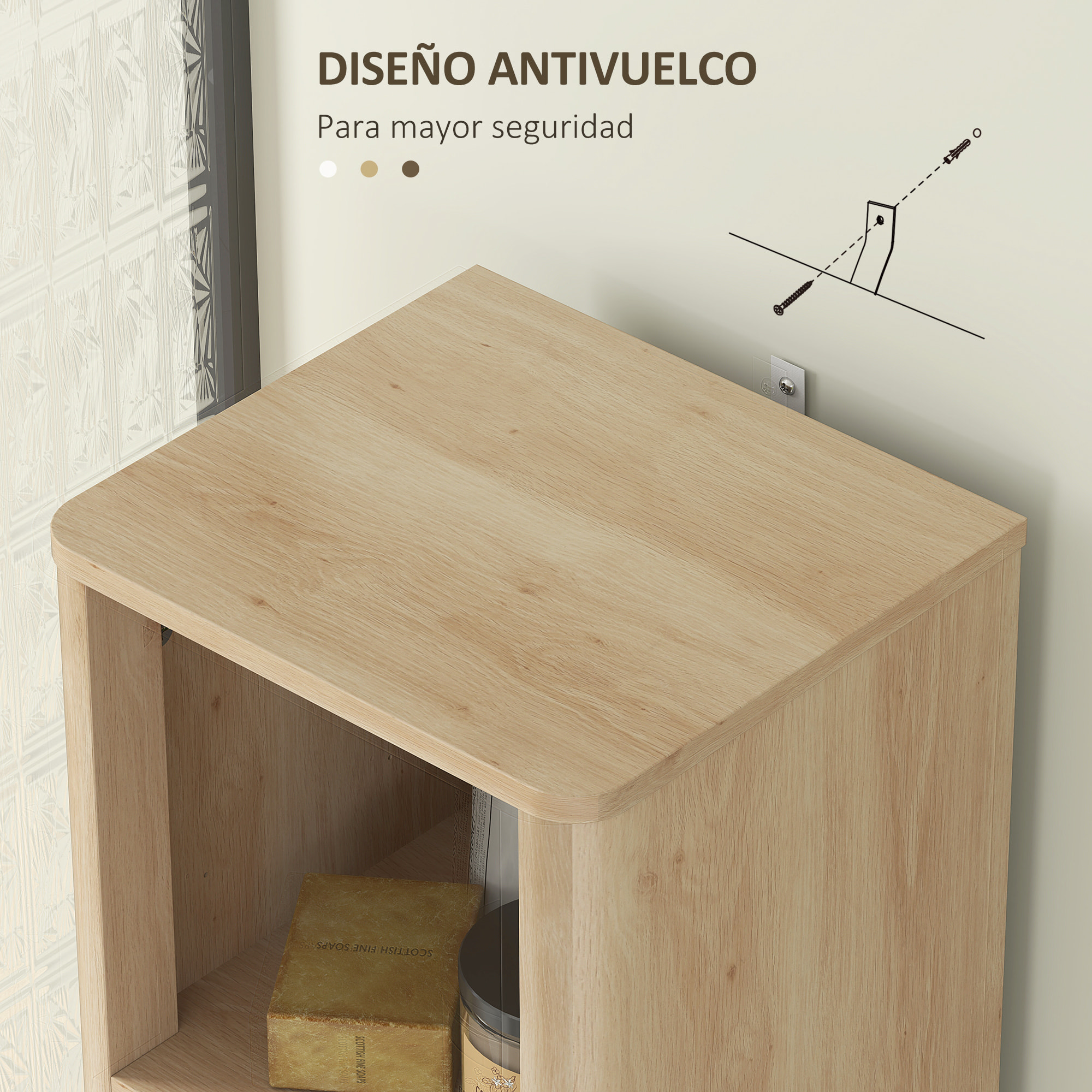 Columna de Baño Mueble de Baño Estrecho con Puerta de Acanalado Cajón 3 Compartimentos Abiertos y Estantes Ajustables Armario Alto de Baño Moderno 33x30x170 cm Natural