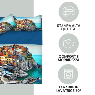 INTRECCI Completo Lenzuola Singolo in Cotone, Stampa Alta Qualità, Lenzuolo Sotto + Lenzuolo Sopra + 1 Federa, Comfort, Morbidezza, per Pelli Sensibili, non Stringe in Lavatrice.Fantasia: Cinque Terre