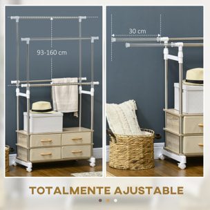 Perchero de Ropa con Ruedas Perchero de Pie con Altura Ajustable Barras Extensibles y 4 Cajones de Tela para Salón Dormitorio Entrada 88-148x42x93-160 cm Beige