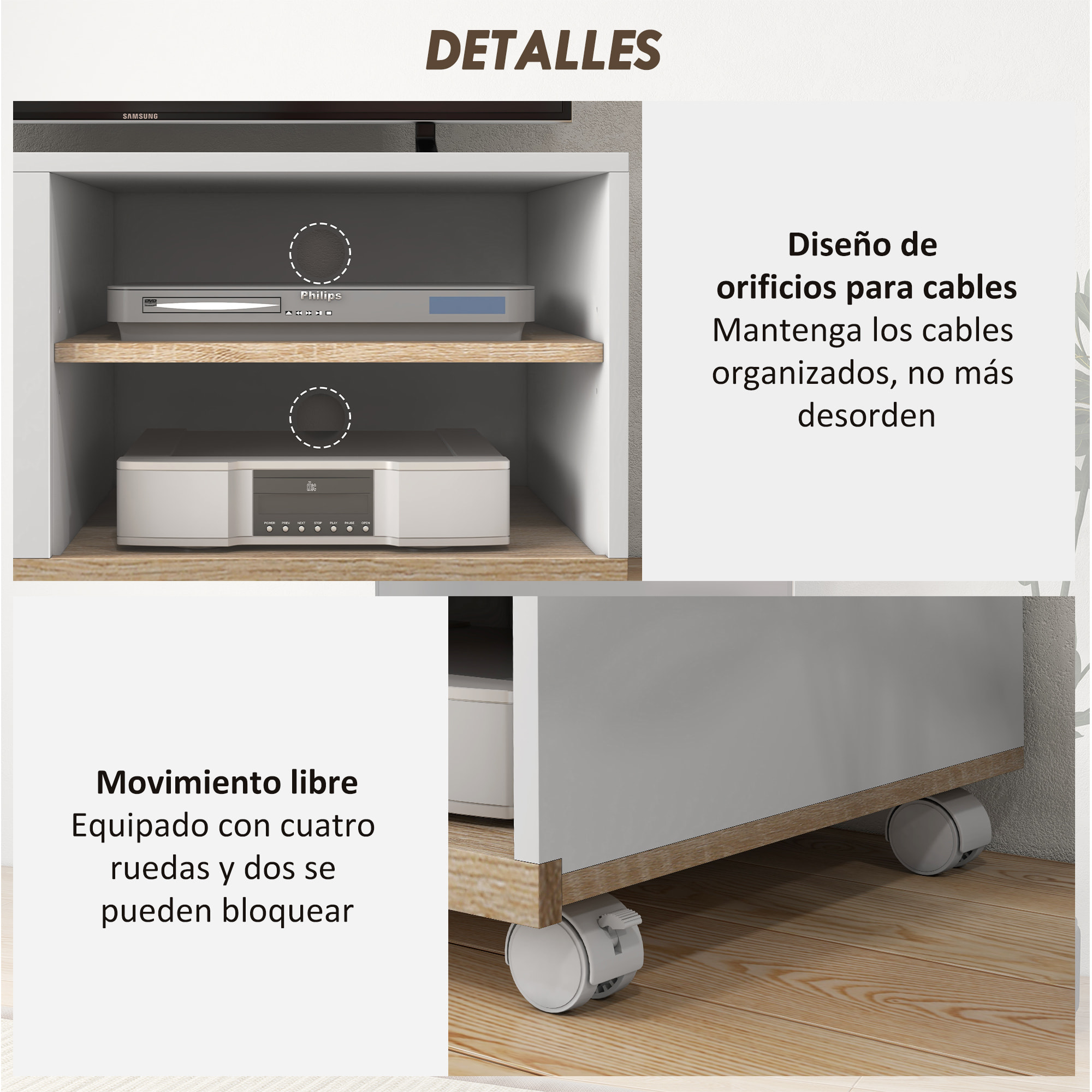 Mueble de TV con Ruedas, Mesa de TV Móvil, Mueble para Televisión hasta 32 Pulgadas, con 1 Puerta, 2 Compartimentos Abiertos, Estante Ajustable, para Salón, Comedor, Dormitorio, Blanco