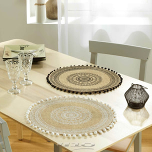 Set de table rond en jute avec pompons - Blanc
