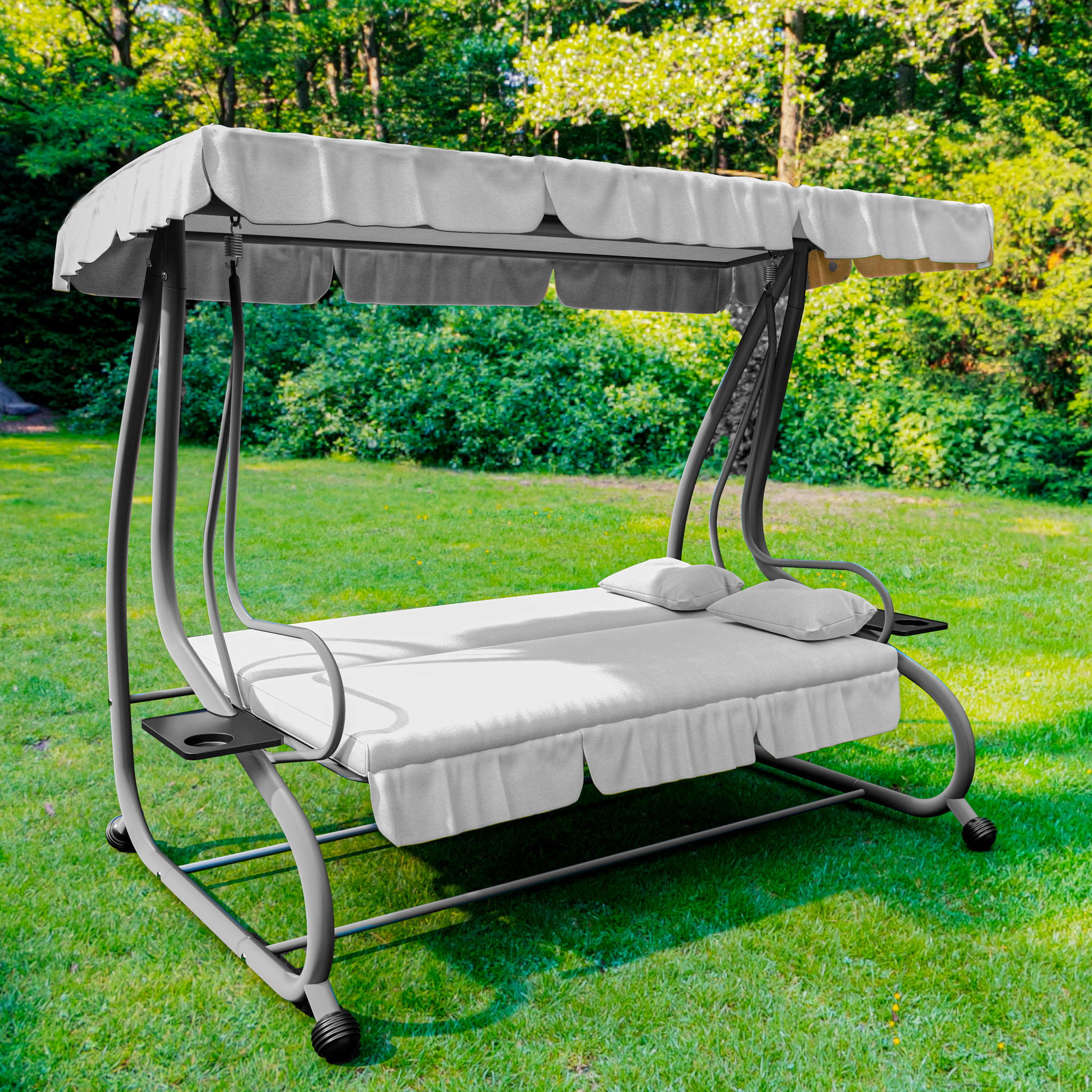 Dondolo 3 Posti Reclinabile Tettuccio Parasole Regolabile Cuscini Imbottiti Diventa Letto Struttura Robusta In Acciaio 200 x 120 x 160 cm Grigio