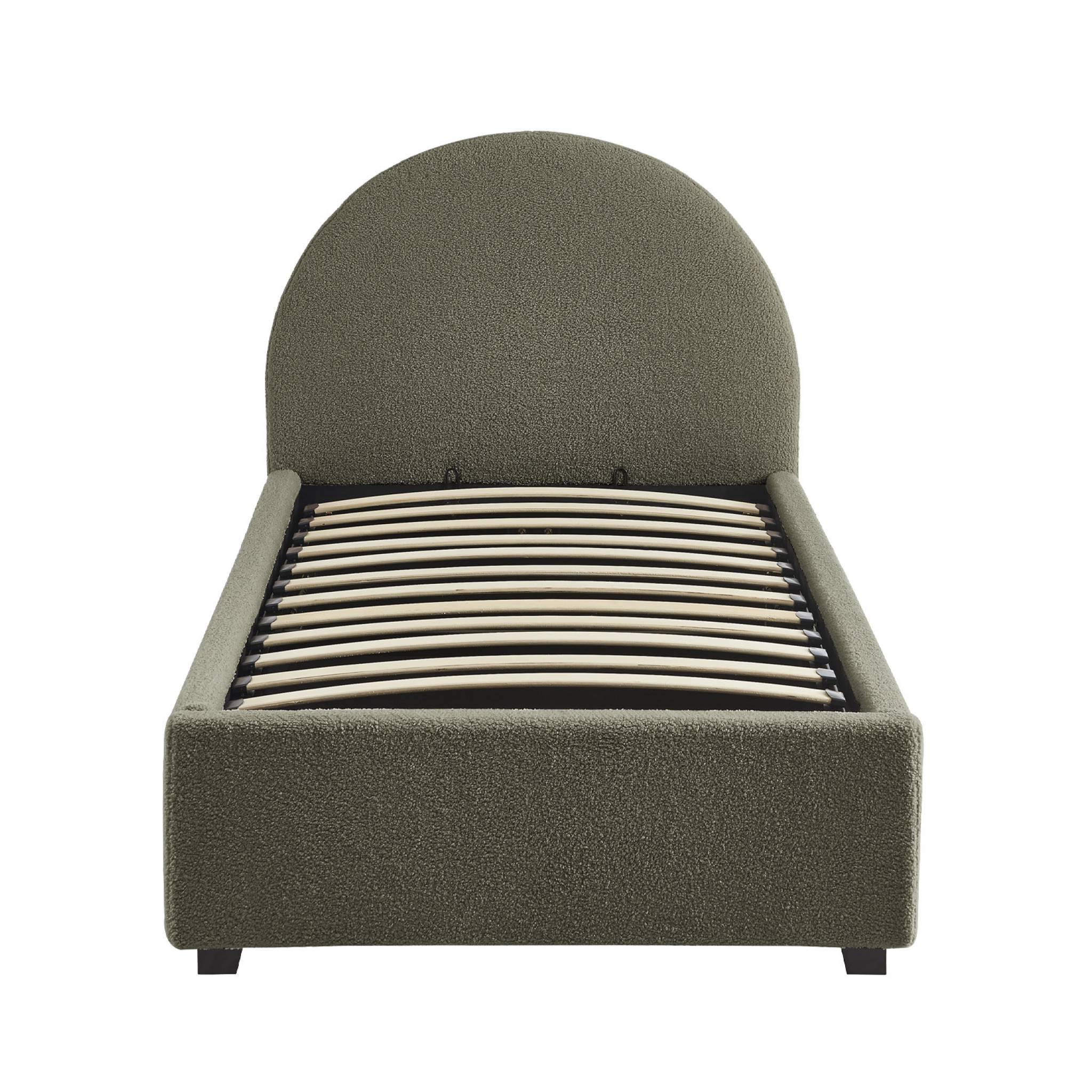 Lit coffre avec sommier à lattes et tête de lit. finition bouclette. kaki. L 206 x P 104 x H 102cm