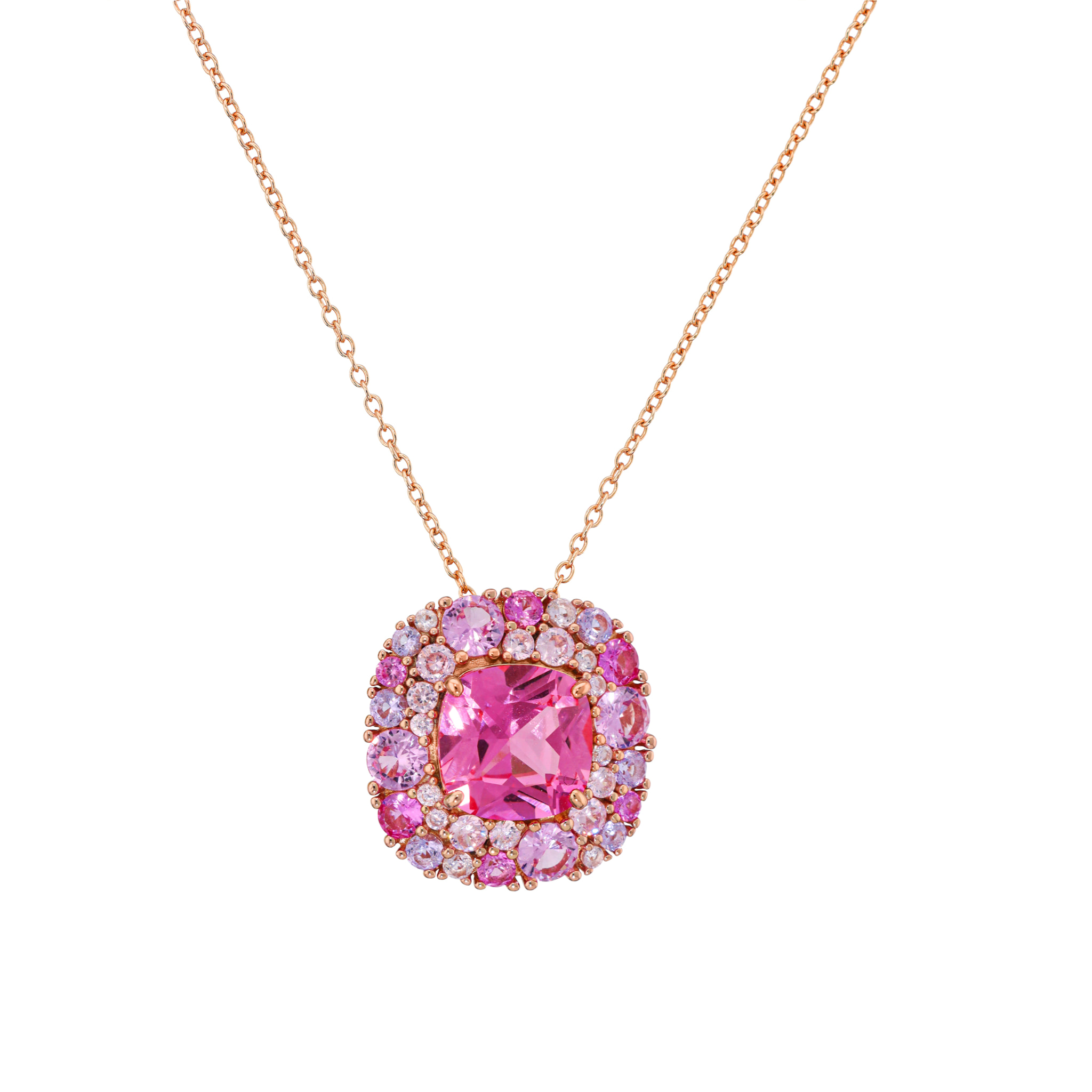 Collana Catena Rolo in Argento 925 con Pendente in Pavé Misto di Cubic Zirconia Rosa Effetto Degradé