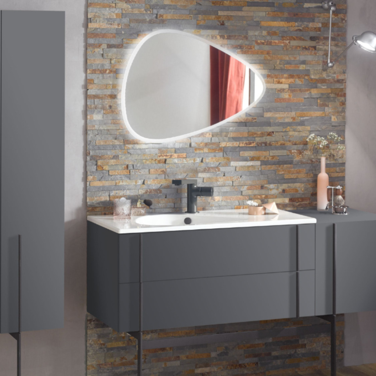 Meuble de salle de bain 80 cm Nouvelle Vague gris brillant + colonne version gauche + miroir + pied