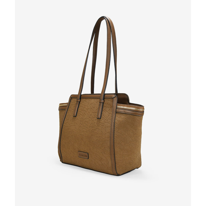 Bolso de hombro marrón con estampado y cremalleras