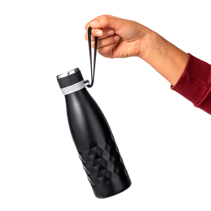 Bidón térmico de 550 ml de capacidad en acero inox de doble pared, con tapón a rosca y asa a juego en silicona.